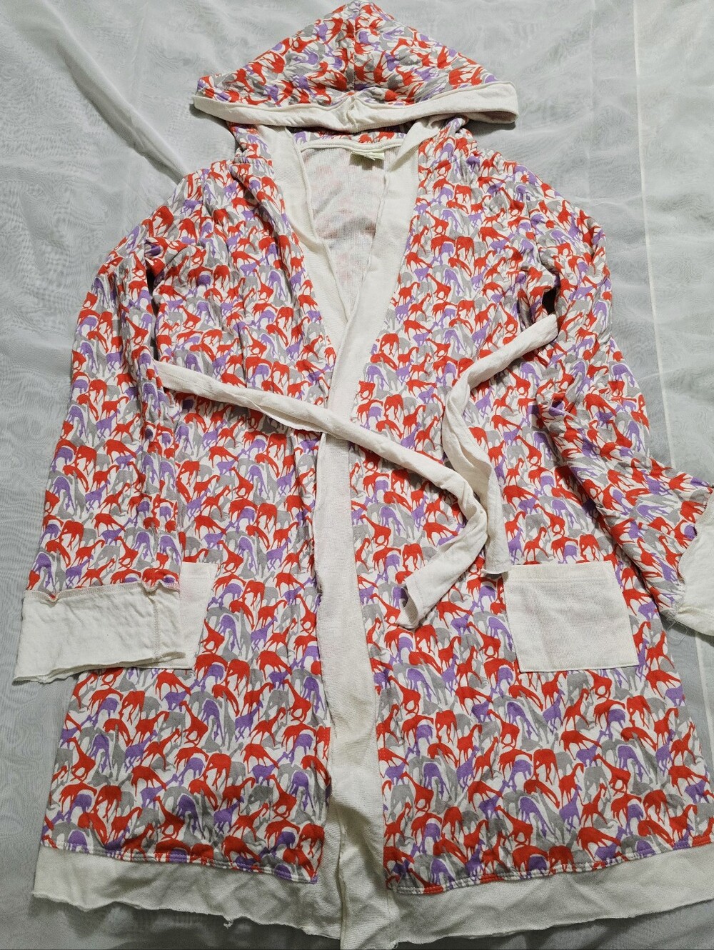 Anthropologie Porridge Hooded House Robe Giraffes Orange Purple White